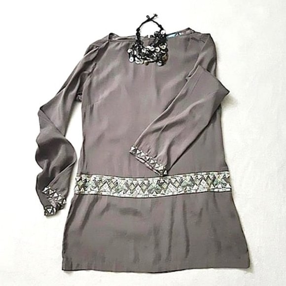 GUESS by MARCIANO Silk Blend Dress Embroidered MOP Sequin Button Grey Tu… - Picture 3 of 12